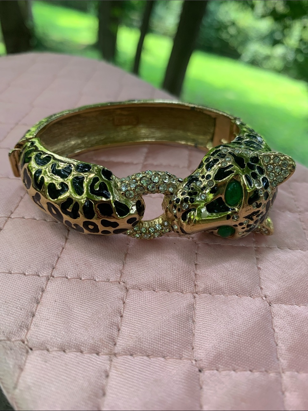 Ciner Leopard Hinged Bracelet with Swarovski Crystals and Green Cabochon Eyes - Picture 3 of 16